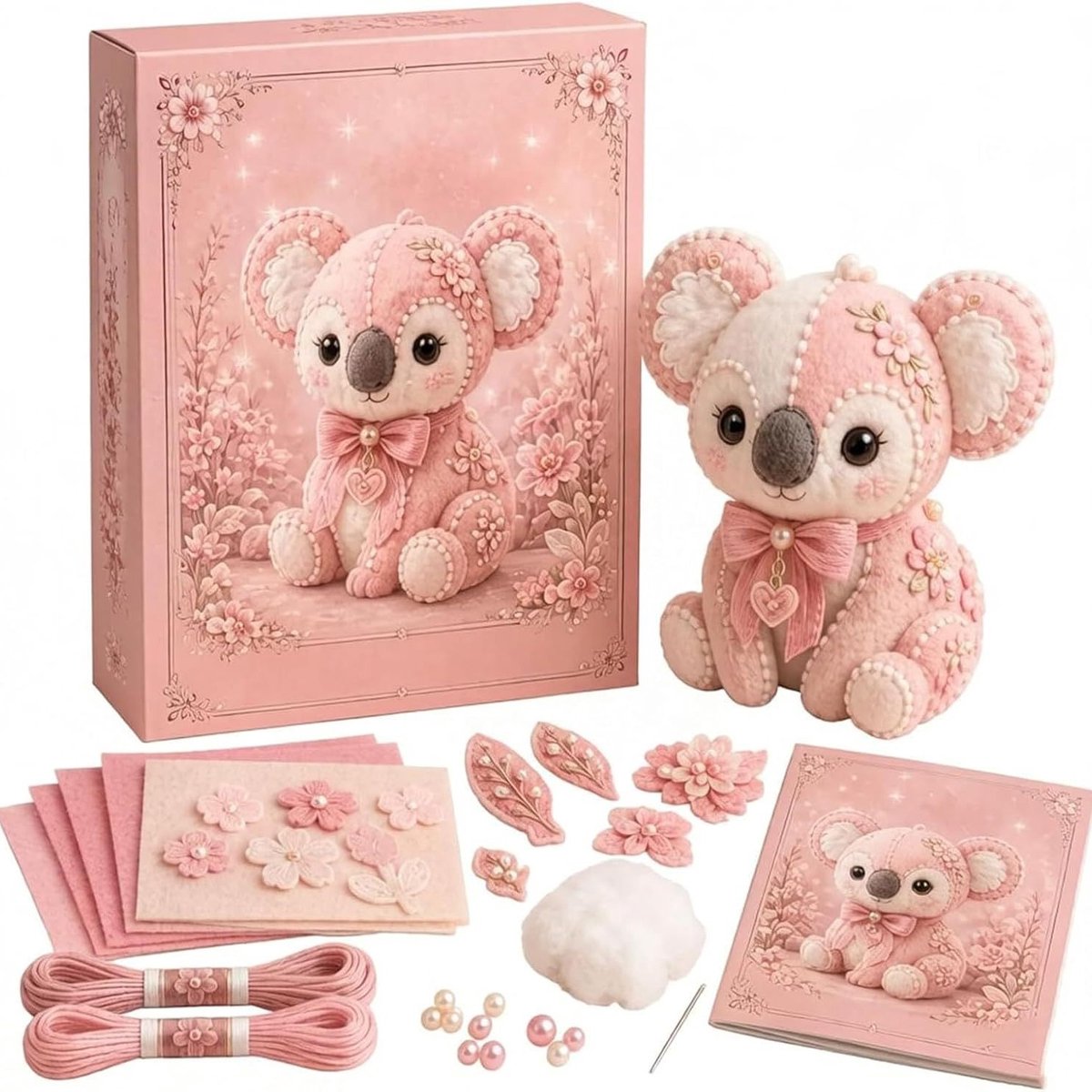 DIY Vilten Patchwork Set - 3D Vilten Naaiset - Magisch Bos Dieren Vilten Naaiset - DIY Stoffen Dier - Handgemaakte Naaikit - Cadeau voor Knutsel- en Handwerkliefhebbers - Roze koala