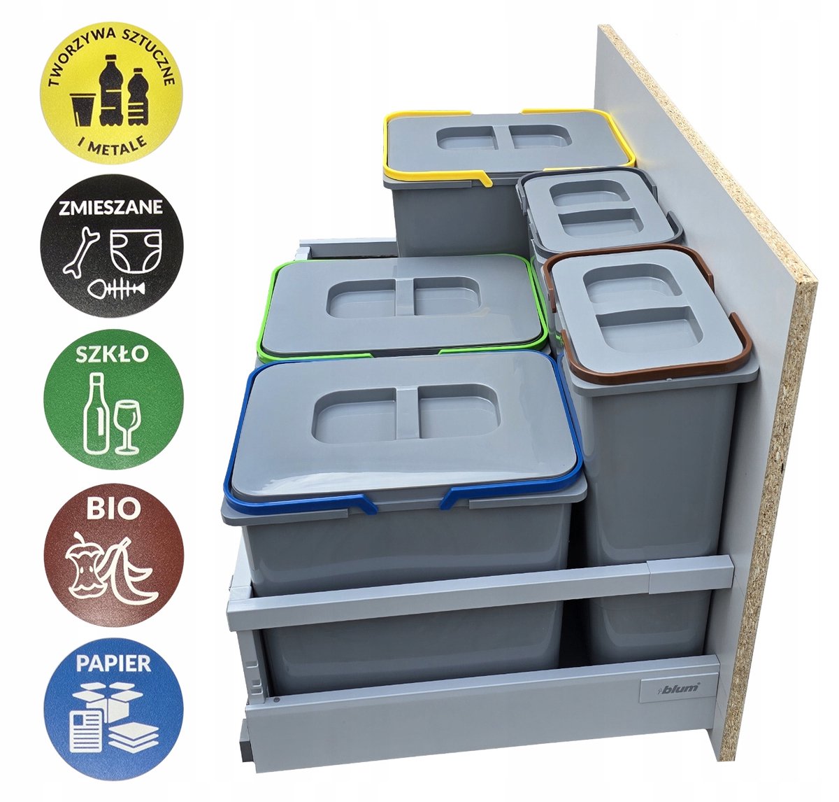 Set van 5 afvalbakken 68L voor 80cm lade, 5 compartimenten