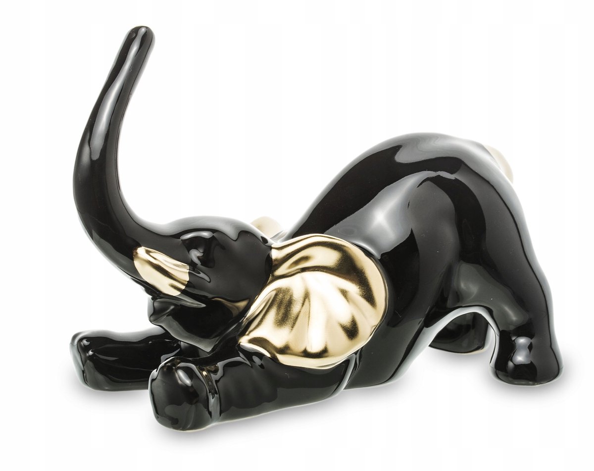 Keramieken Olifant Beeldje - Zwart & Goud - Geluk & Cadeau