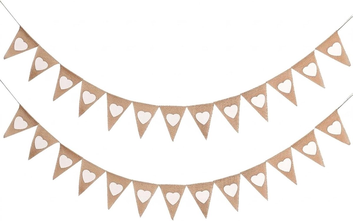 Vlaggetjesslinger set van 2 - jute met hartmotief - duurzame decoratie - perfect voor bruiloft - ShopVlot