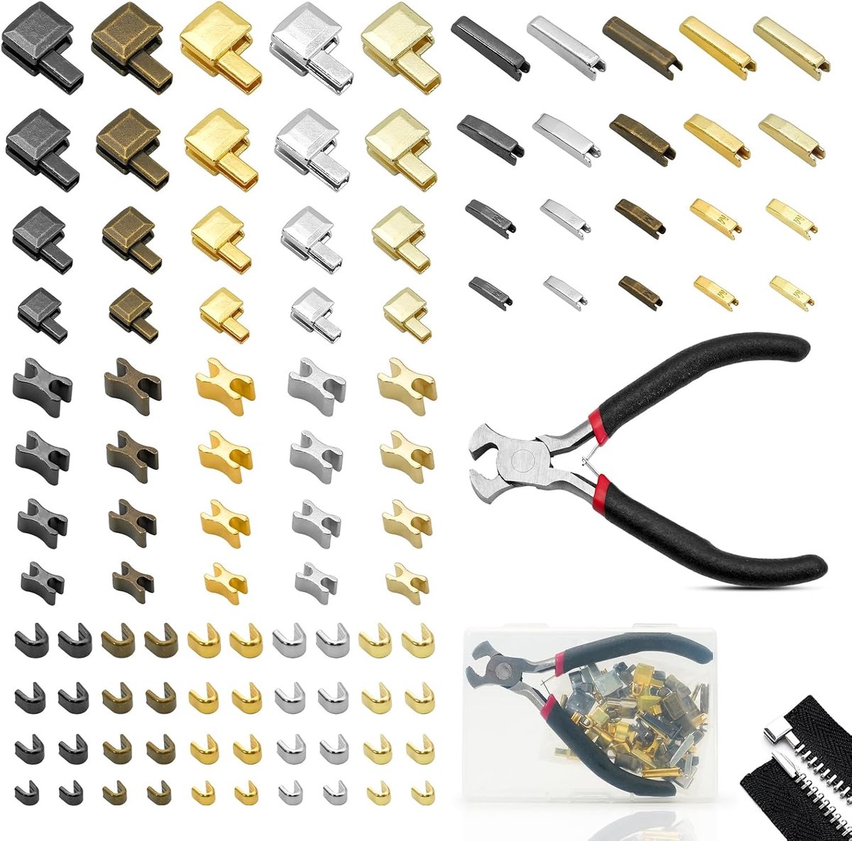 Reparatieset voor ritssluiting 100-delig - met tang en sorteerdoos - 4 maten en 5 kleuren - ShopVlot