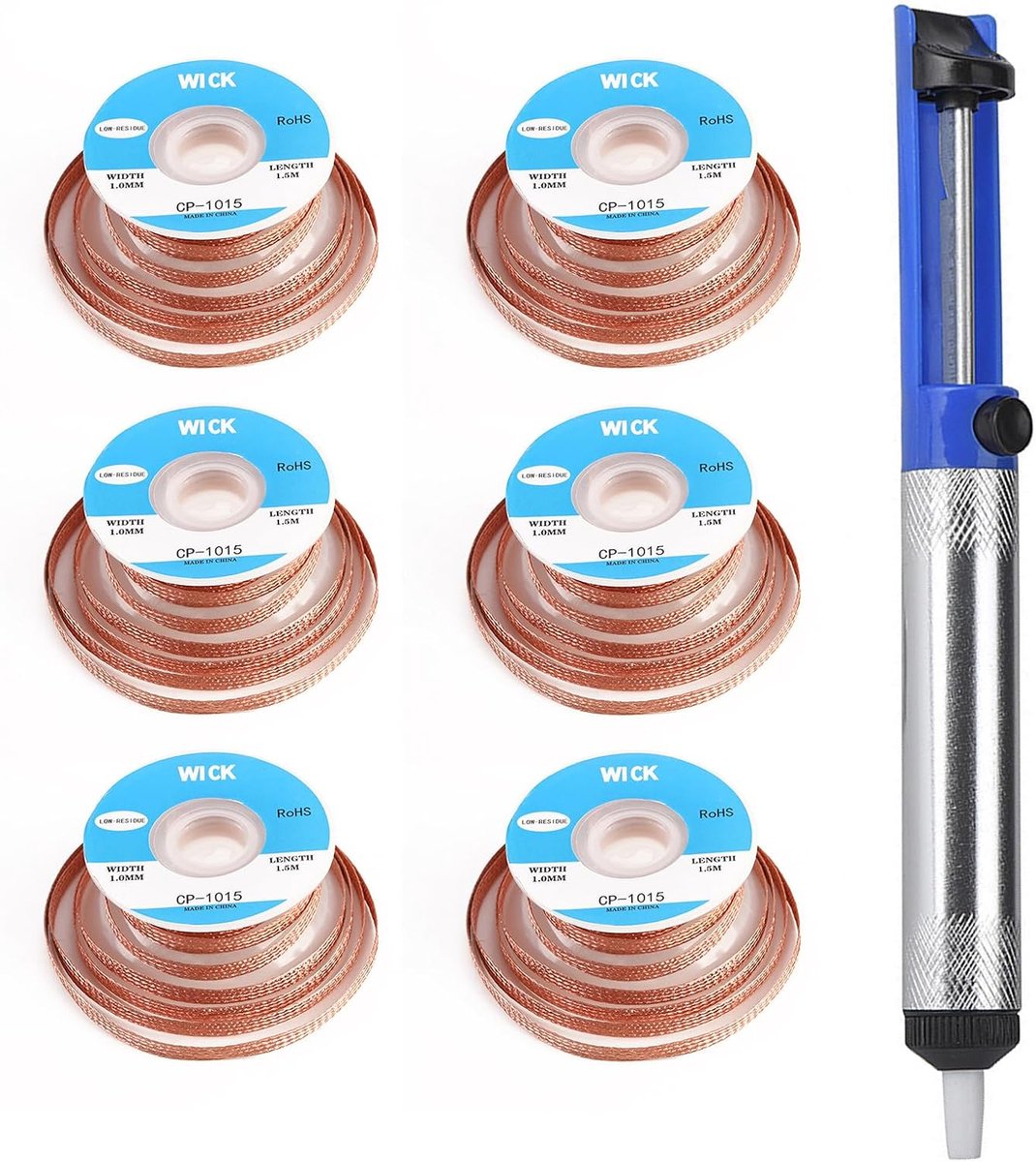 Desoldeerset met desoldeerpomp en 6 desoldeerdraden - No-Clean soldeerdraad - voor efficiënt verwijderen van soldeertin - ShopVlot