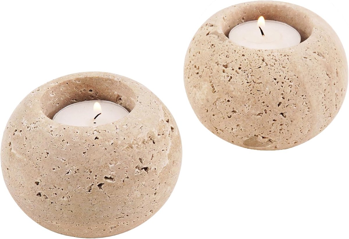 Kandelaar 9 cm - Travertijn marmer - Set van 2 - Luxe decoratie voor tafel - ShopVlot
