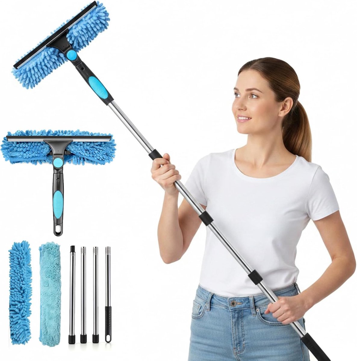Telescopische raamreiniger 65 inch - 2-in-1 raamwisserset - microvezel schrobber en siliconen wisser - ShopVlot