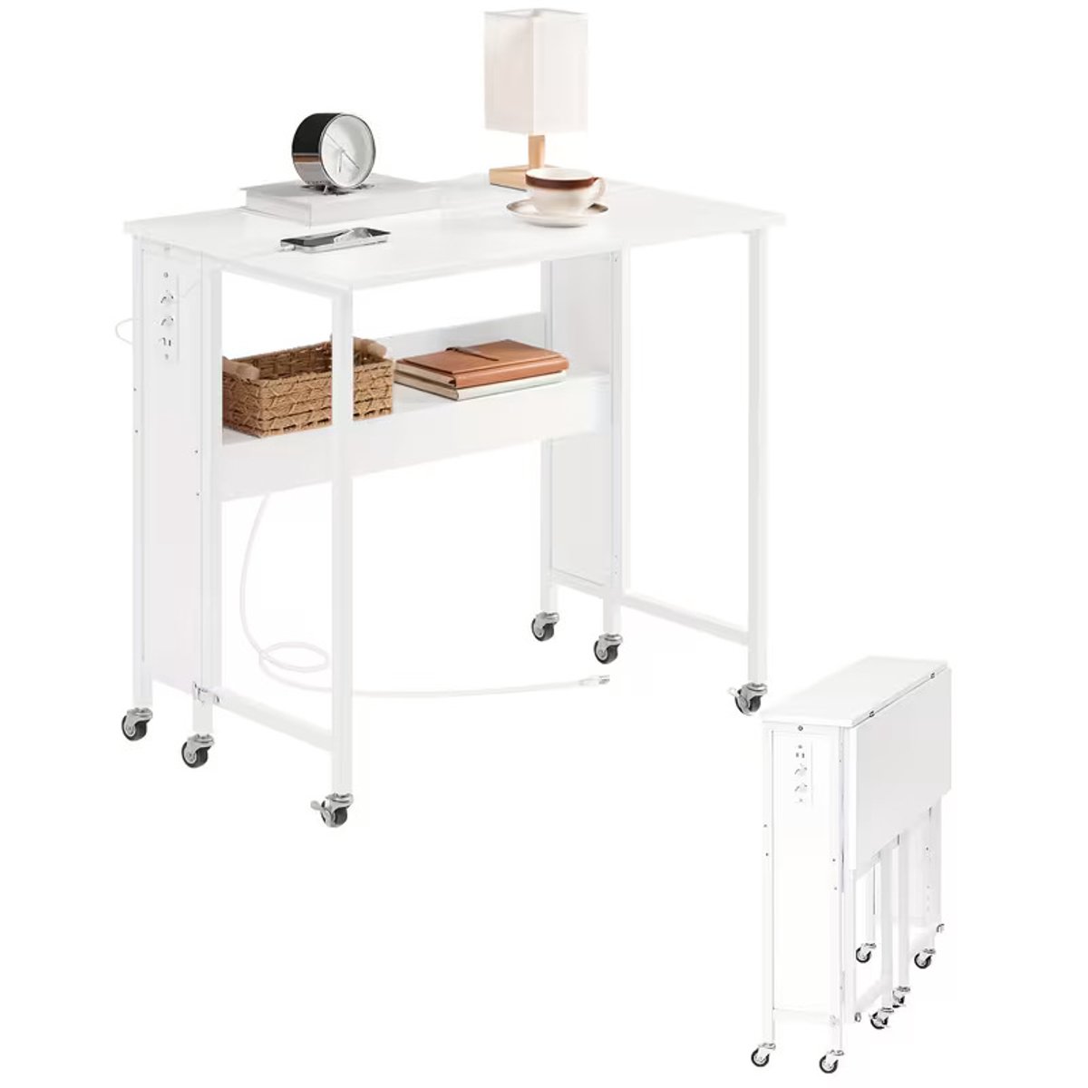 Witte Verrijdbare Laptoptafel op Wielen 80 × 50 cm – Inklapbaar Bureau met Oplaadstation voor Thuis & Kantoor