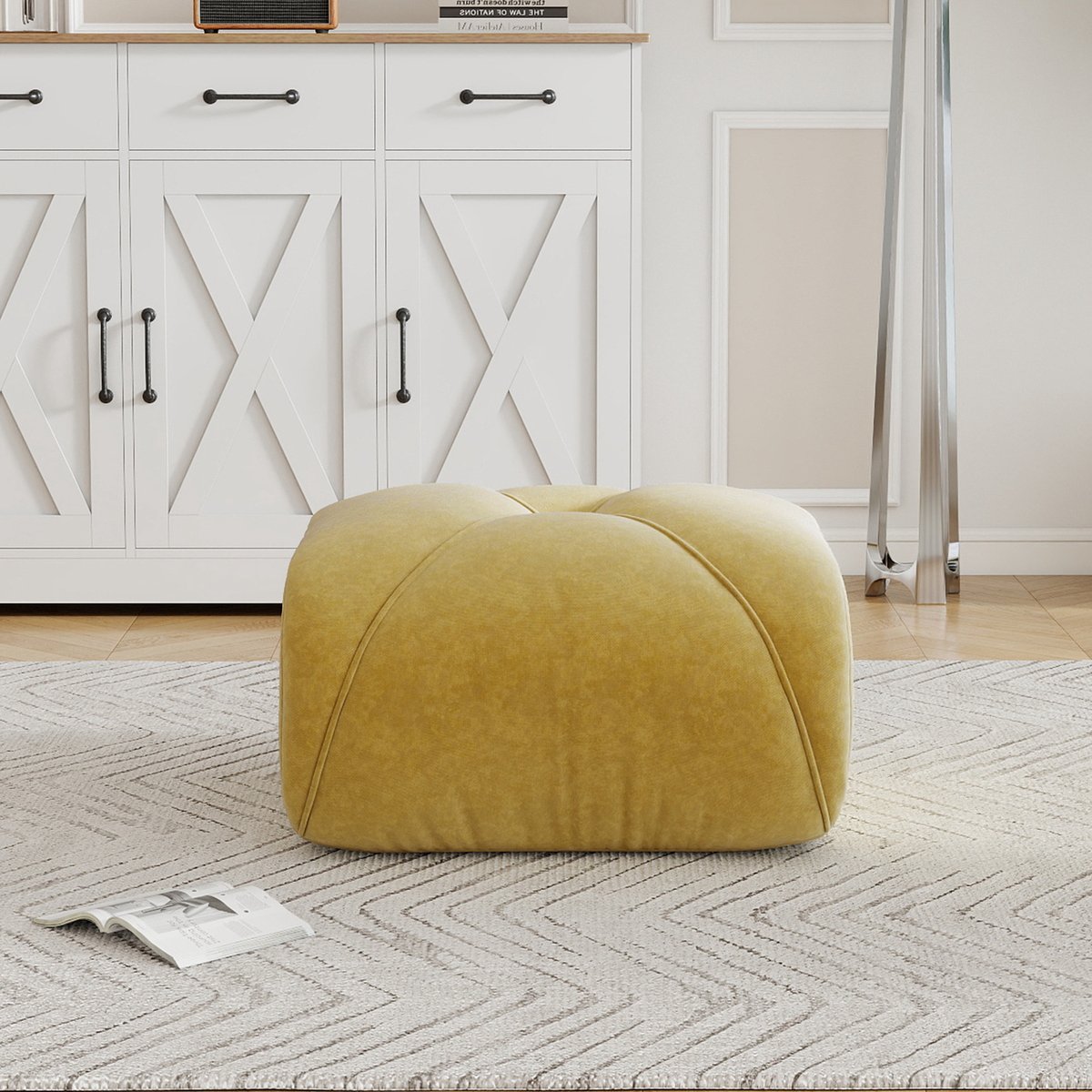 MUVANO Elowin Hocker Geel - Luxe poef van chenille stof - Modulaire hocker met 32D schuim - Veilige voetenbank - 78x76x45cm - Ergonomisch - Woonkamer Geel