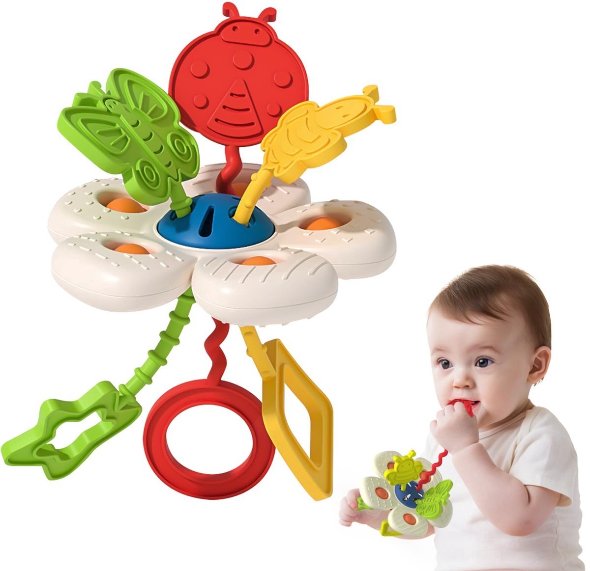 Casalora - Sensorisch Montessori-speelgoed voor baby's - Geschikt voor kinderen van 6-12 maanden - Siliconen trekkoord motorische activiteitsspeelgoed - Ophangbaar - Baby-bijtspeeltjes- Baby sensorisch speelgoed - Kinderspeelgoed Onderweg
