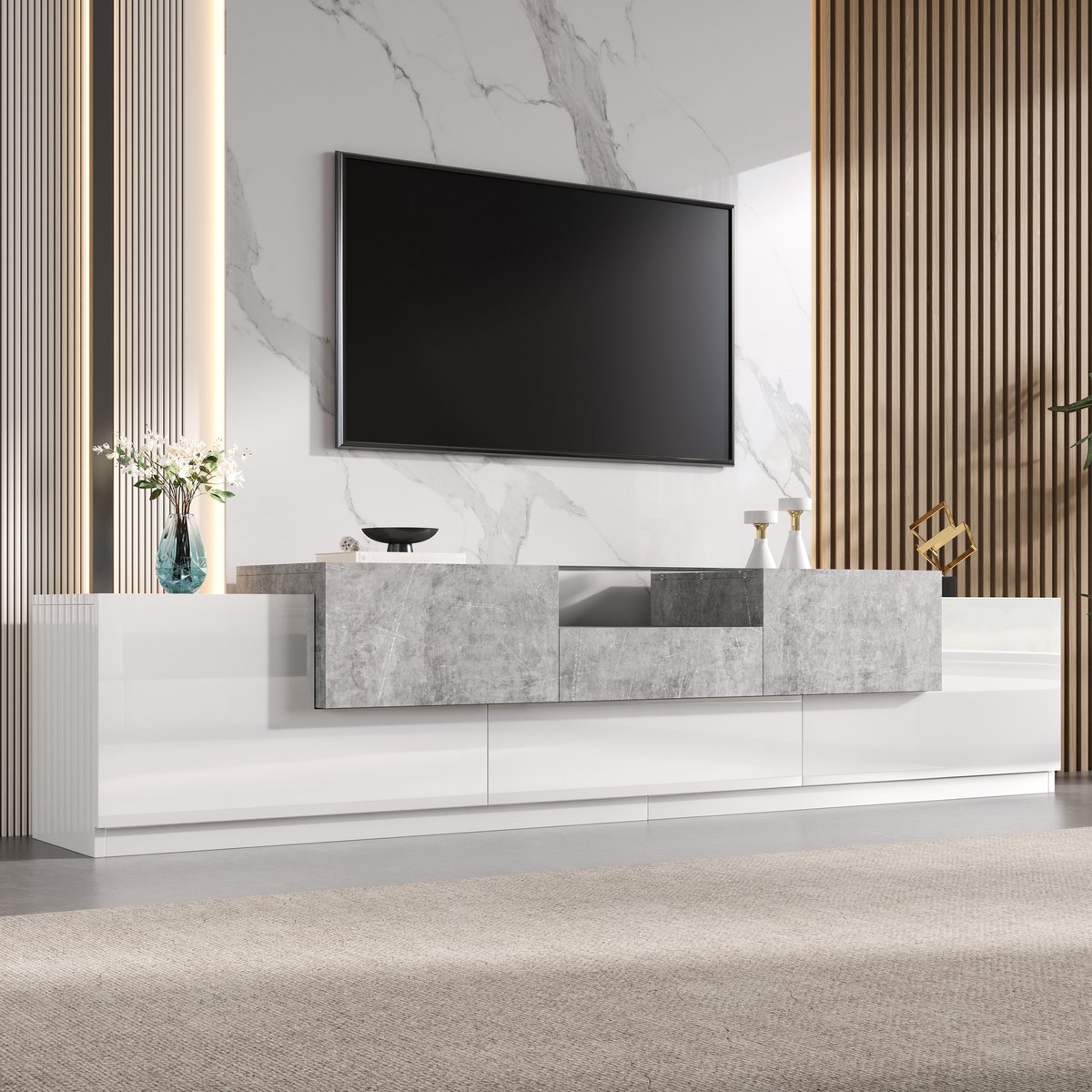 Tv-Meubel - Hoogglans Wit En Cementgrijs - Met Lades, Klepdeur En Glasplank - Voor Woonkamer - MDF En Spaanplaat - 200 Cm