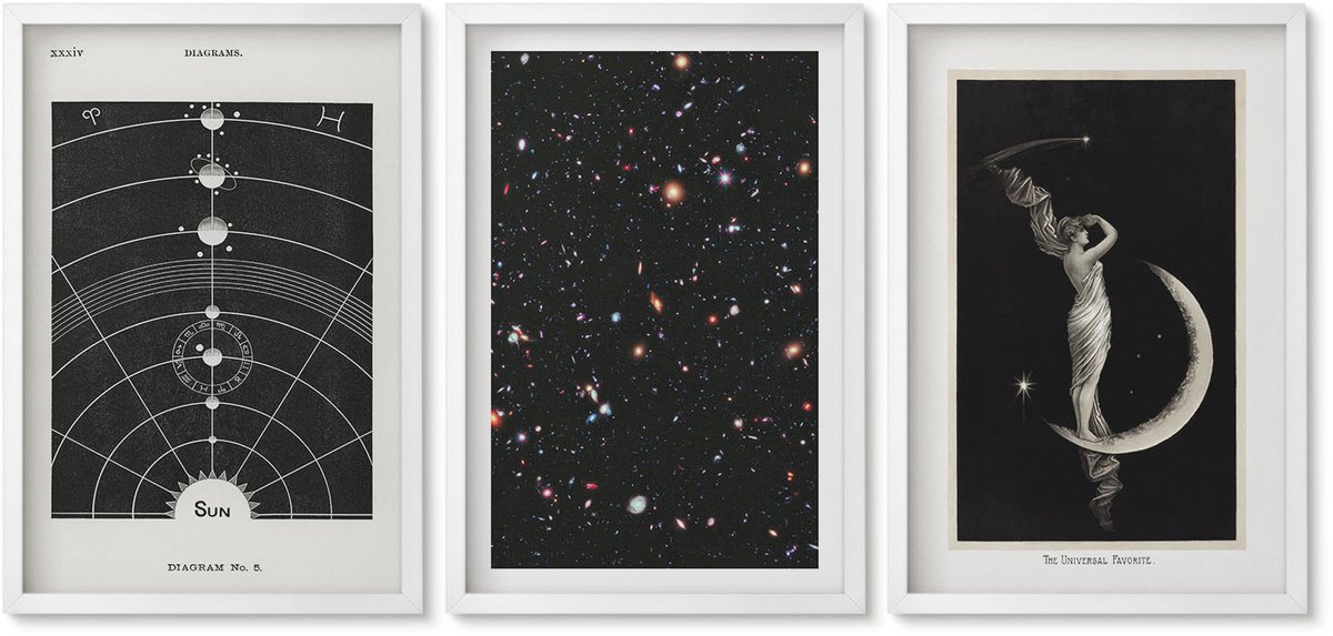 Wallfluent 3-Delige Schilderij Set - Sterrenstelsel In Het Zonnestelsel 'S Nachts Figuur Op De Maan - 40 x 60 - Wanddecoratie - Schilderijen Set - Interieur - Woonkamer Decoratie