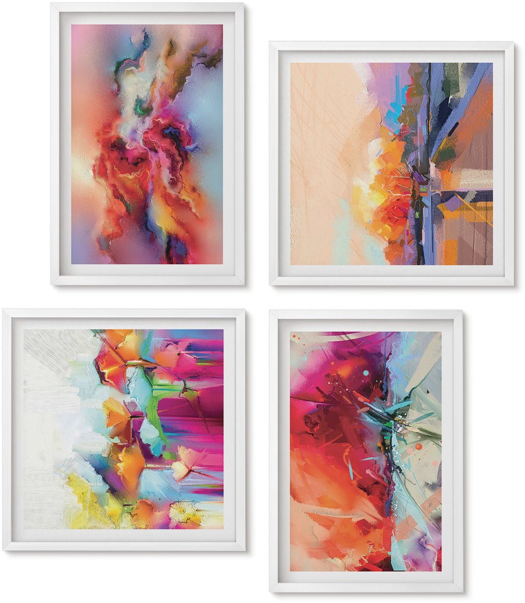 Wallfluent 4-Delige Schilderij Set - Kleurrijke Abstracties Met Dynamische Vormen En Figuren - 40 x 40 En 40 x 60 - Muurdecoratie - Interieur Decoratie - Decoratieve Schilderijen