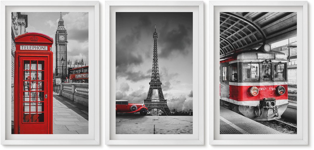 Wallfluent 3-Delige Schilderij Set - Iconische Steden: Londen, Parijs En Het Spoorvervoer - 40 x 60 - Muurdecoratie - Schilderijen Set - Woonkamer