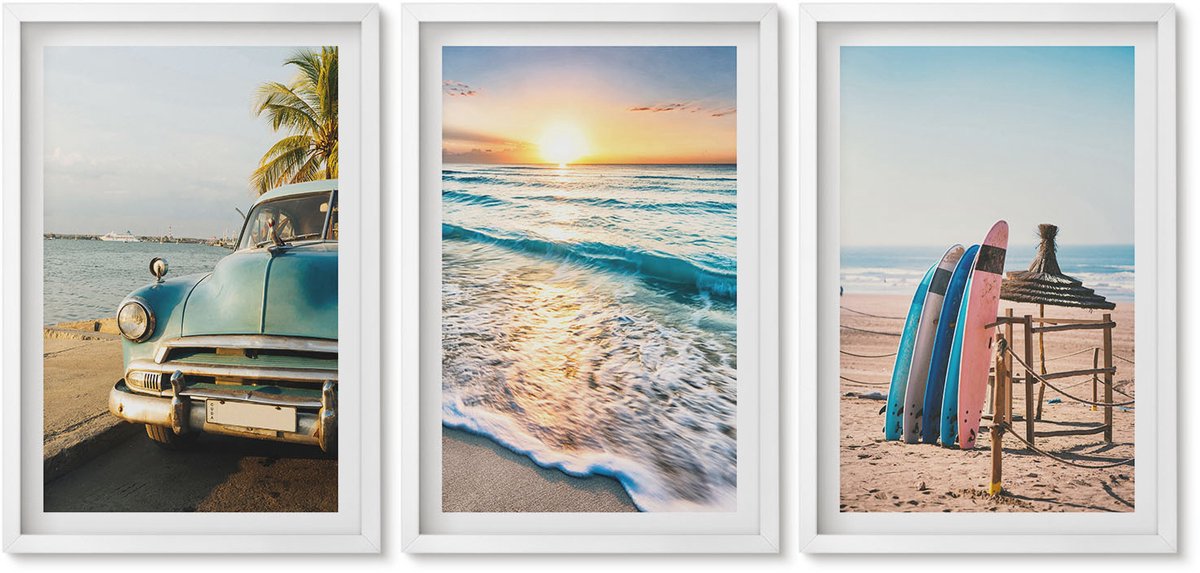 Wallfluent 3-Delige Schilderij Set - Vakantie In Miami Met Uitzicht Op De Zonsondergang En Zee - 40 x 60 - Muurdecoratie - Wanddecoratie - Slaapkamer