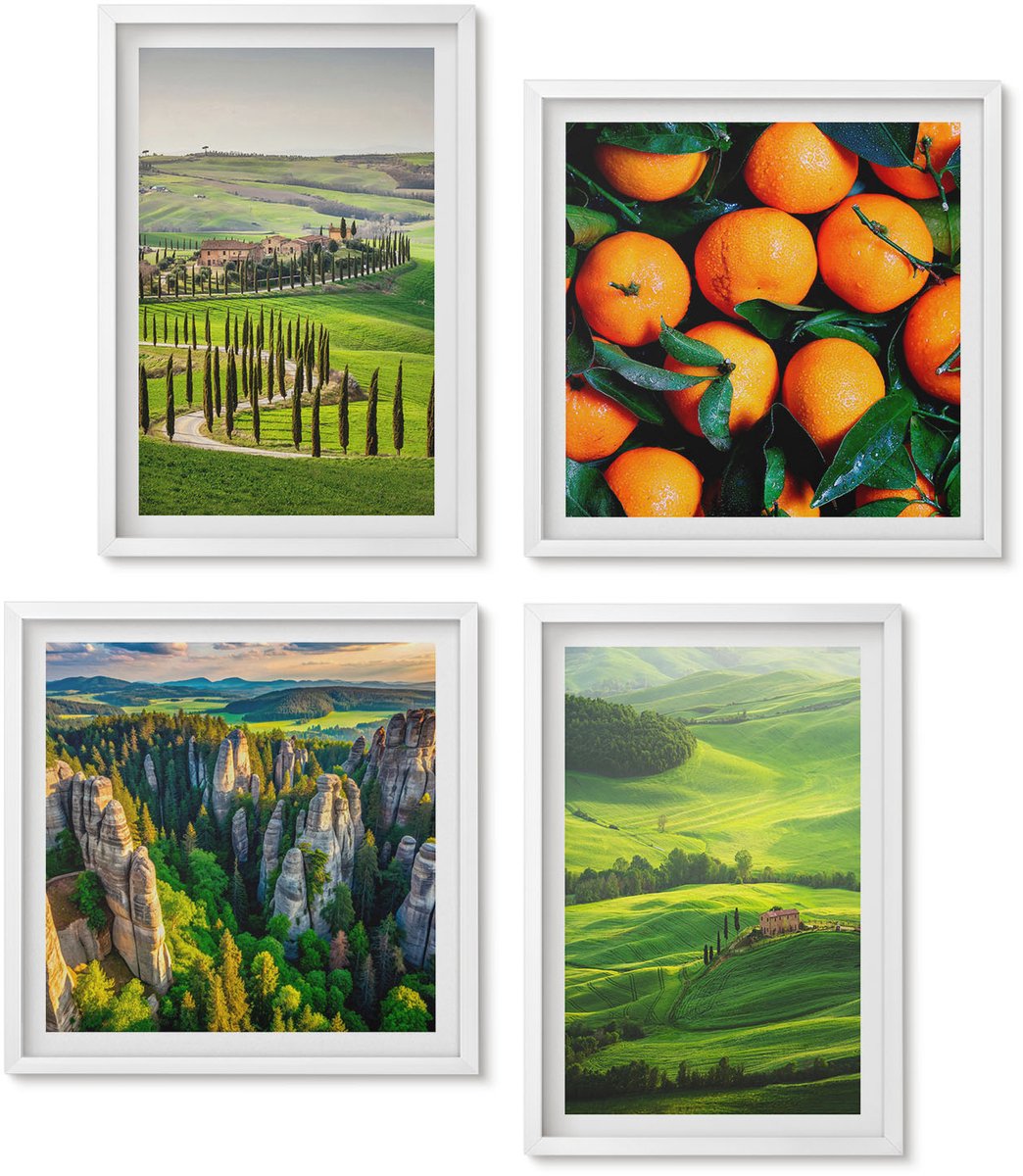 Wallfluent 4-Delige Schilderij Set - Italiaans Plattelandslandschap Met Sinaasappelbomen En Natuur - 40 x 40 En 40 x 60 - Wanddecoratie - Woonkamer Decoratie - Stijlvolle Muurdecoratie