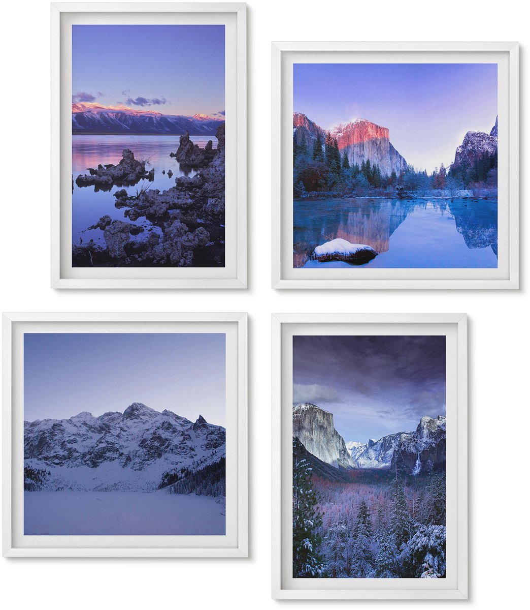 Wallfluent 4-Delige Schilderij Set - Berglandschappen Bij Schemering, Uitzicht Op Het Water - 40 x 40 En 40 x 60 - Schilderijen Set - Wanddecoratie - Woonkamer - Moderne Wanddecoratie