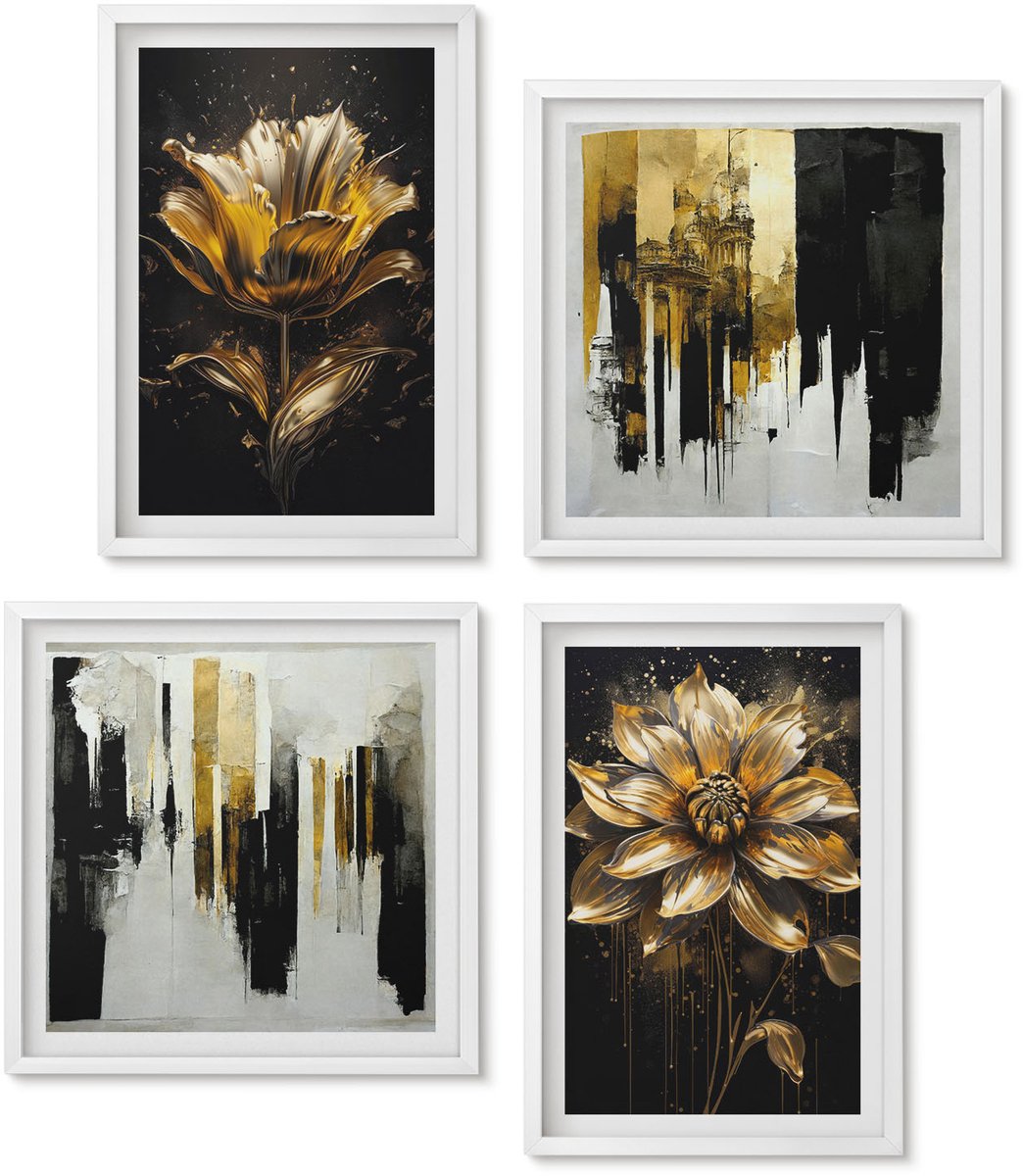 Wallfluent 4-Delige Schilderij Set - Stijlvolle Bloemen, Abstract, Modern - 40 x 40 En 40 x 60 - Muurdecoratie - Schilderijen Set - Woonkamer - Woonkamer Decoratie