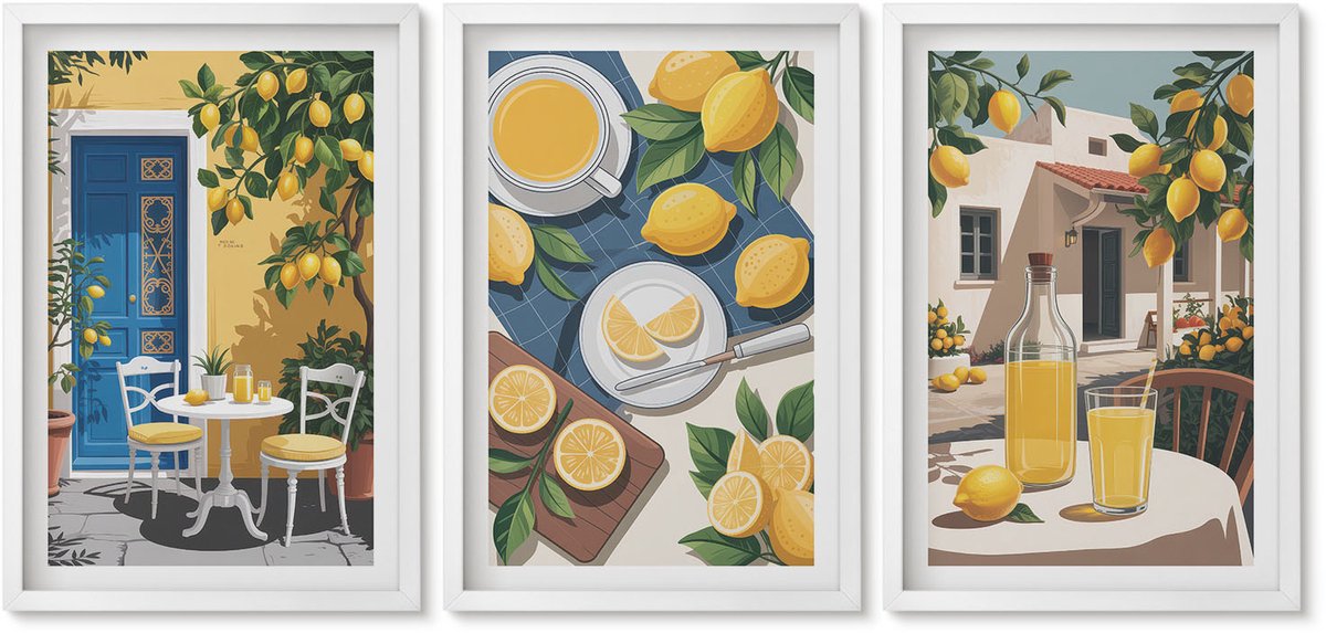Wallfluent 3-Delige Schilderij Set - Lemonade, Italiaans Uitzicht En Een Zonnig Terras - 40 x 60 - Muurdecoratie - Wanddecoratie - Slaapkamer