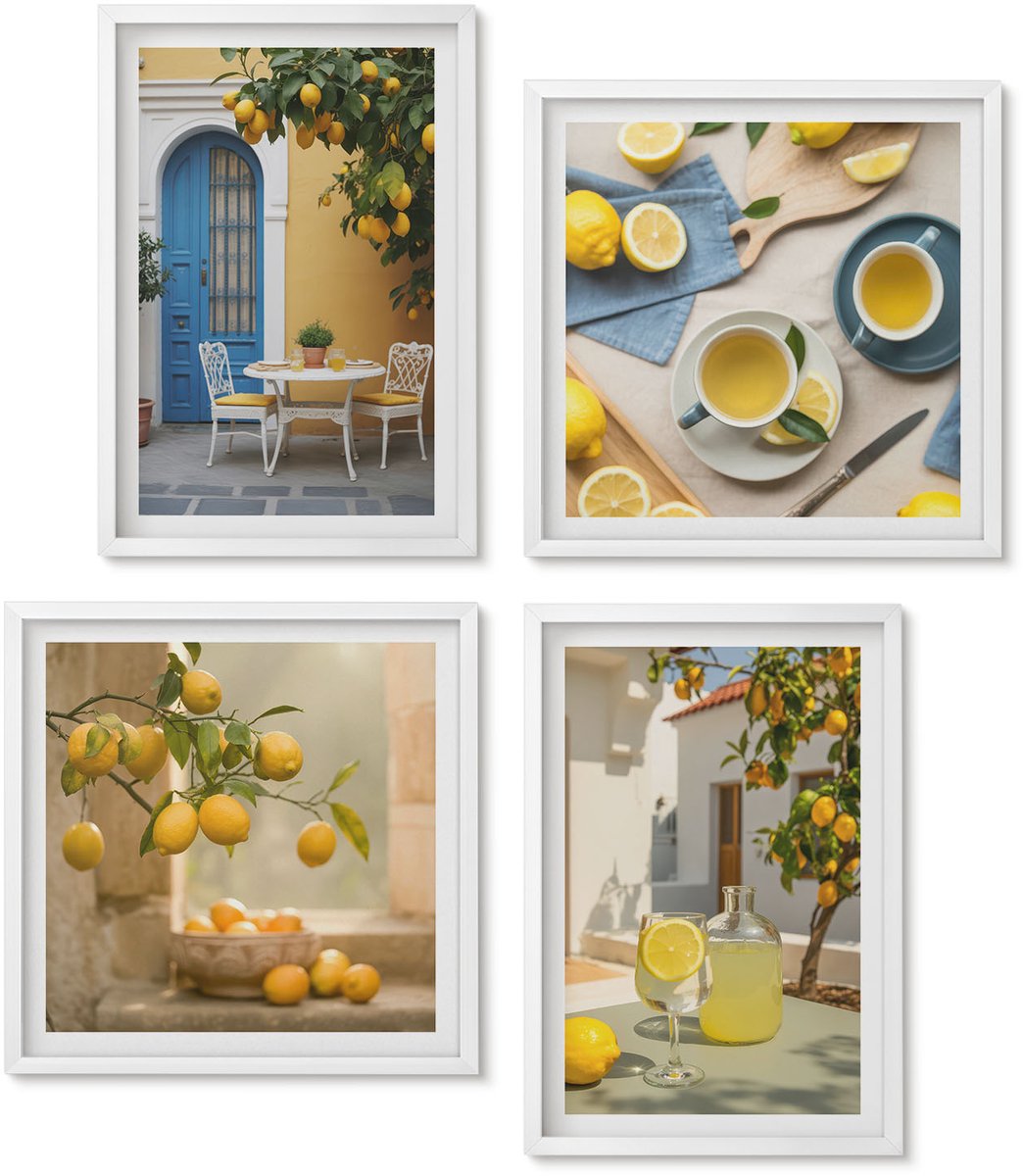 Wallfluent 4-Delige Schilderij Set - Citroenen Limonade Blauwe Deur Zomer Uitzichten - 40 x 40 En 40 x 60 - Muurdecoratie - Wanddecoratie - Hal