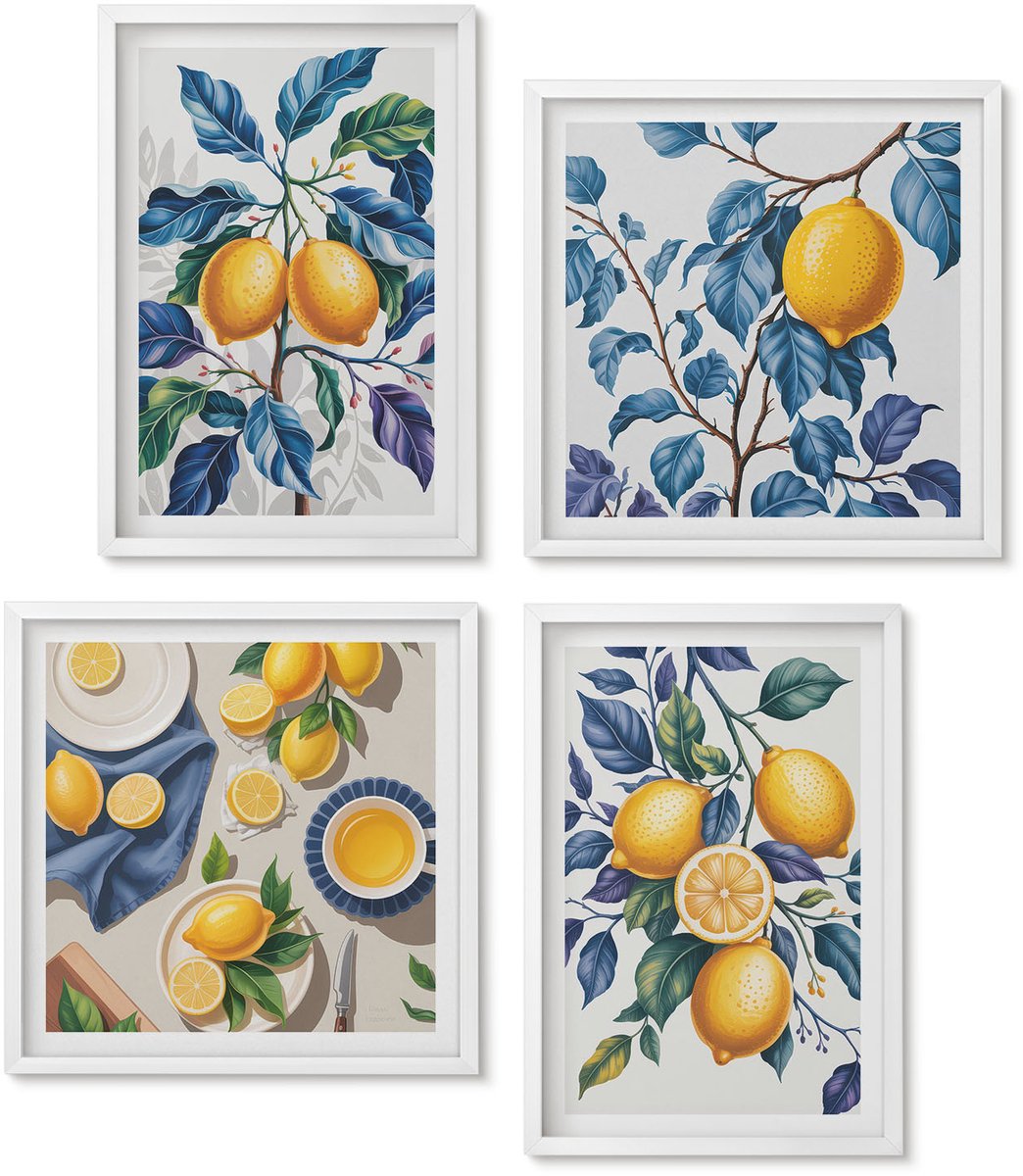 Wallfluent 4-Delige Schilderij Set - Citroenen Aan Takken Met Blauwe Bladeren - 40 x 40 En 40 x 60 - Stijlvolle Muurdecoratie - Kantoor