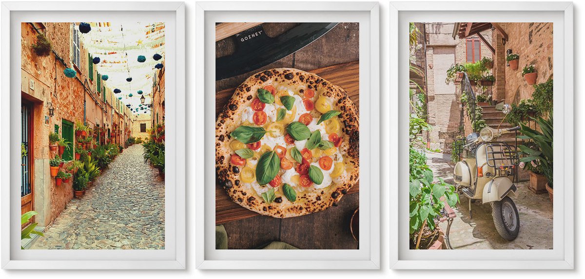 Wallfluent 3-Delige Schilderij Set - Sfeervolle Straatjes Met Planten En Italiaanse Pizza. - 40 x 60 - Schilderijen Set - Wanddecoratie - Woonkamer