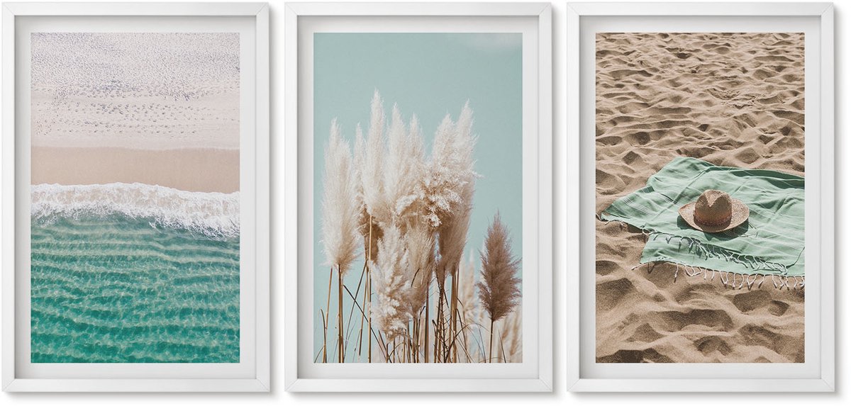 Wallfluent 3-Delige Schilderij Set - Strandgolven Gras Hoed Zand Ontspanning Natuur - 40 x 60 - Muurdecoratie - Schilderijen Set - Woonkamer