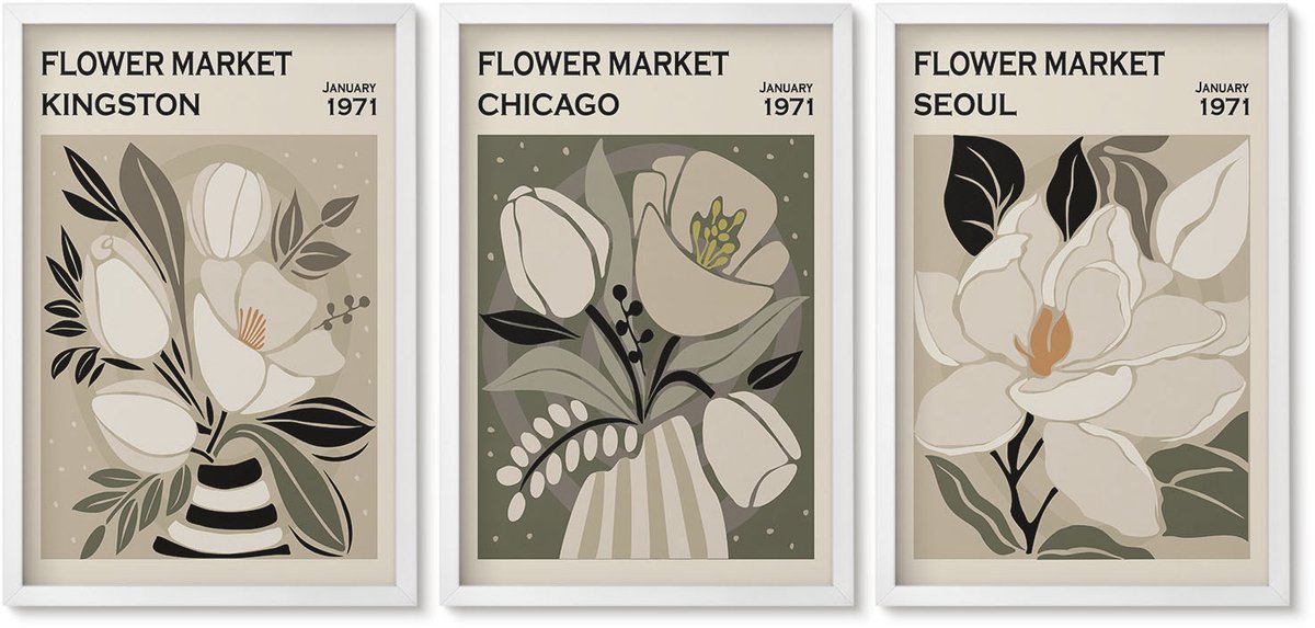 Wallfluent 3-Delige Schilderij Set - Bloemen Van De Markten Van Kingston, Chicago En Seoul In Een Retrostijl. - 40 x 60 - Wanddecoratie - Muurdecoratie - Moderne Interieurdecoratie