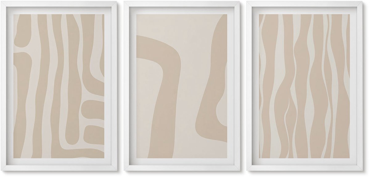 Wallfluent 3-Delige Schilderij Set - Abstracte Patronen, Minimalistische Vormen, Boho-Stijl - 40 x 60 - Muurdecoratie - Wanddecoratie - Slaapkamer - Moderne Wanddecoratie