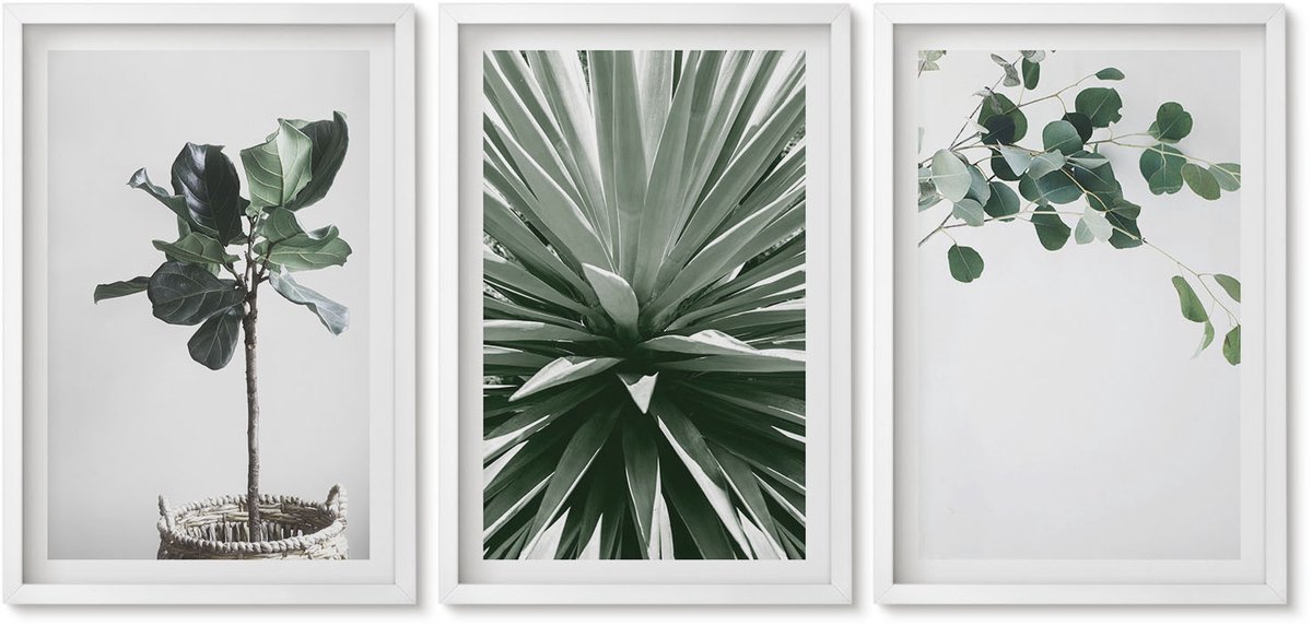 Wallfluent 3-Delige Schilderij Set - Groene Planten In Een Minimalistische Stijl - 40 x 60 - Wanddecoratie - Woonkamer Decoratie - Moderne Wanddecoratie