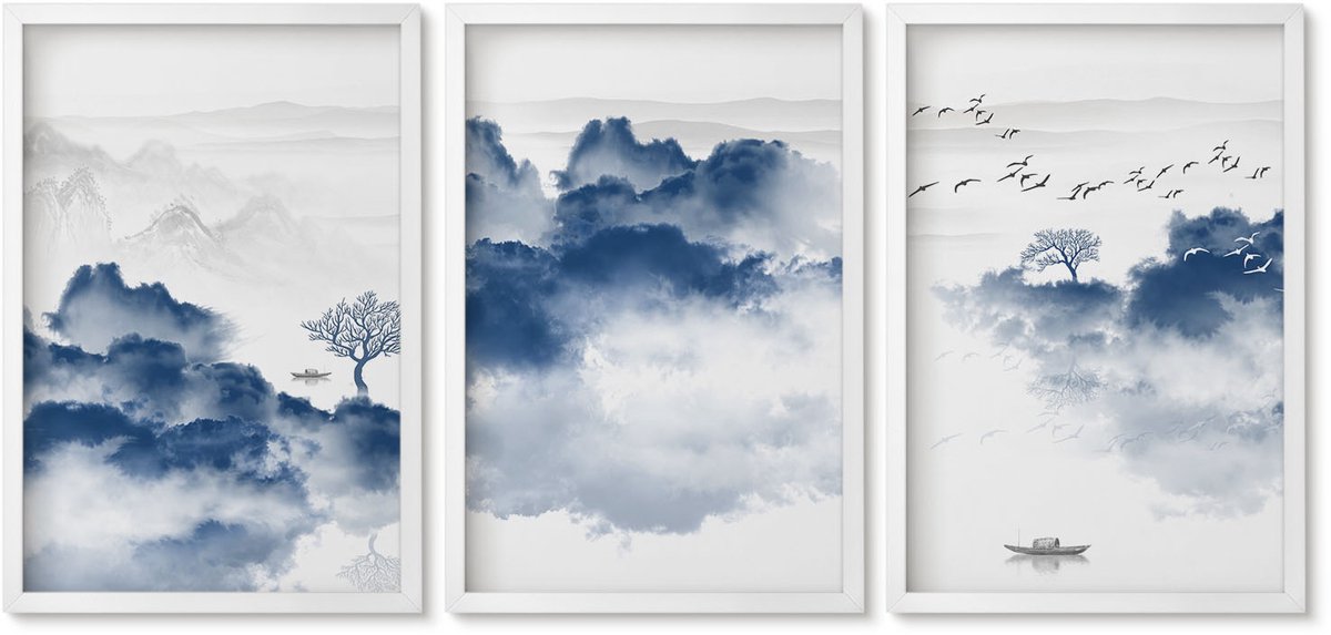 Wallfluent 3-Delige Schilderij Set - Wolkengebergte Met Bomen En Vogels Op De Achtergrond - 40 x 60 - Schilderijen Set - Wanddecoratie - Woonkamer - Interieur Decoratie