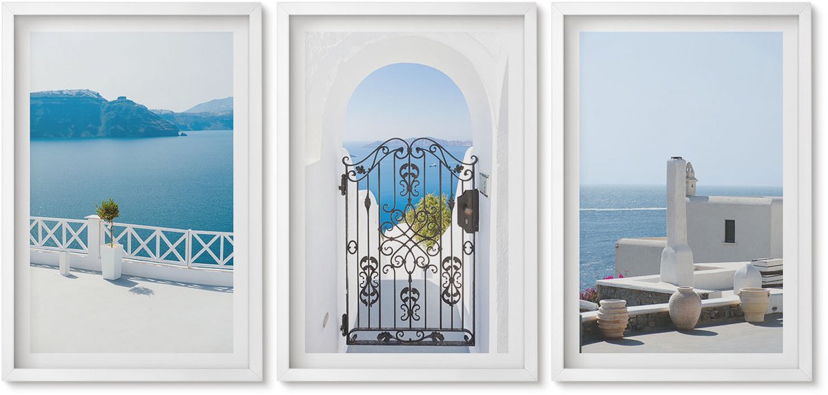 Wallfluent 3-Delige Schilderij Set - Zeezicht Met Witte Gebouwen In Griekenland - 40 x 60 - Wanddecoratie - Schilderijen Set - Interieur - Woonkamer Decoratie