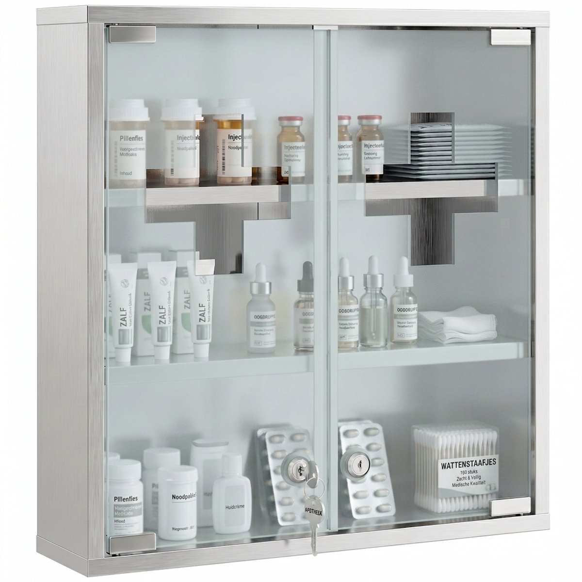 ROLIPO Medicijnkast Afsluitbaar – Medicijnkastje met Glazen Deur, 6 Planken en 2 Sleutels – 48 x 46 x 12 cm – Zilver