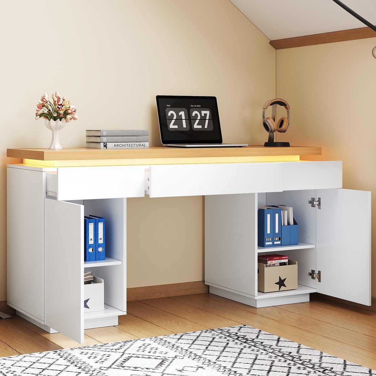 Schrijftafel Met Led Verlichting En 3 Lades 2 Deuren En Verstelbare Planken Voor Woonkamer Slaapkamer En Thuiskantoor MDF 140x50 Cm Wit Eikenlook