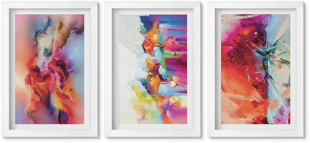 Wallfluent 3-Delige Schilderij Set - Kleurrijke Abstracties Met Dynamische Vormen En Figuren - 20 x 30 - Moderne Wanddecoratie - Woonkamer - Decoratieve Schilderijen