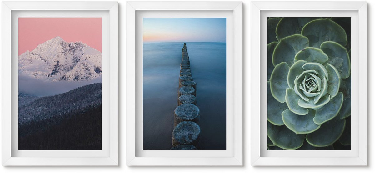 Wallfluent 3-Delige Schilderij Set - Bergen Met Roze Lucht, Water En Groene Vetplanten - 20 x 30 - Moderne Wanddecoratie - Slaapkamer - Decoratieve Schilderijen
