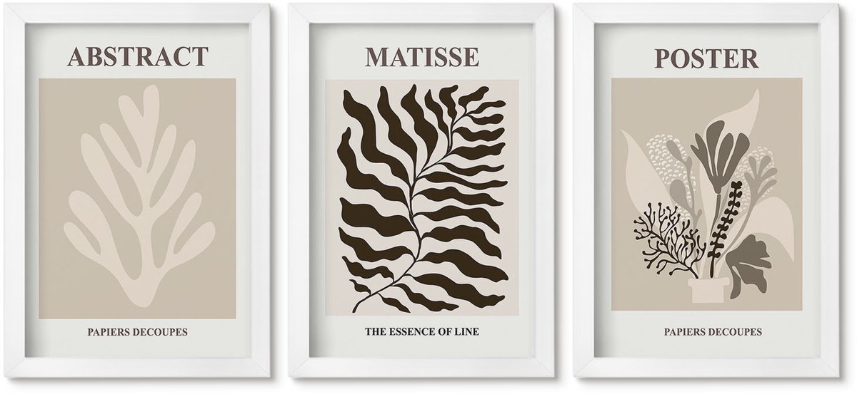 Wallfluent 3-Delige Schilderij Set - Plantenpatronen In Beige En Bruine Tinten - 20 x 30 - Decoratieve Schilderijen - Wanddecoratie - Hal - Stijlvolle Muurdecoratie