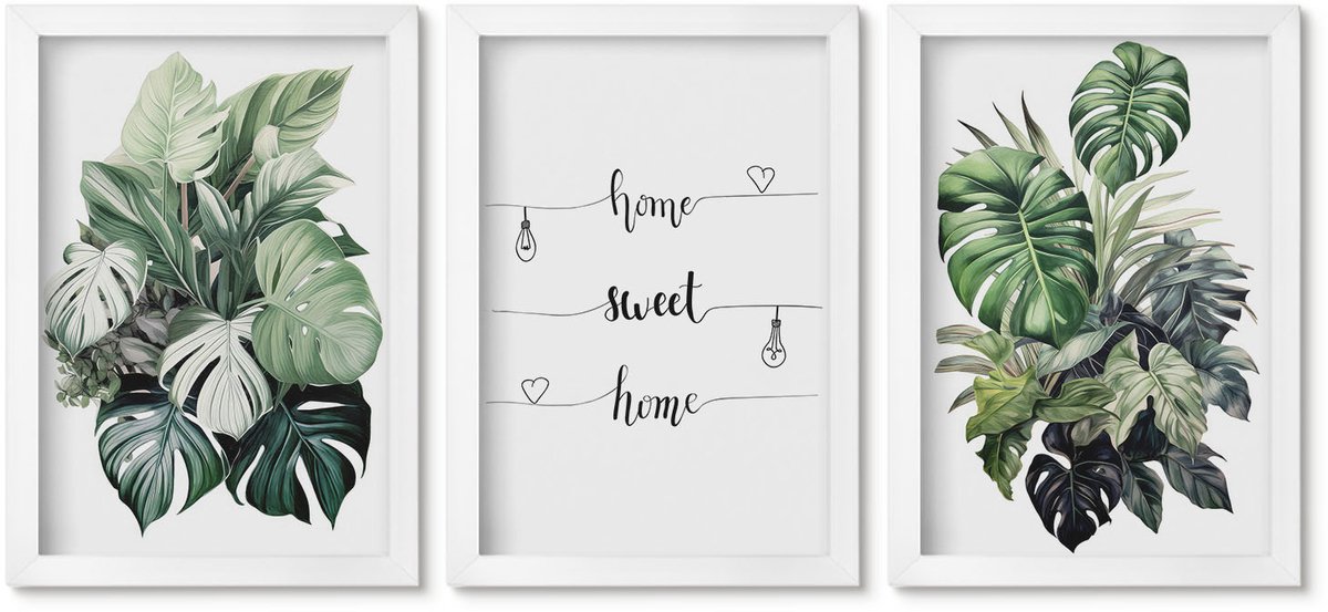 Wallfluent 3-Delige Schilderij Set - Aquarel Monstera Verlaat Het Fijne Thuis - 20 x 30 - Stijlvolle Wanddecoratie - Interieur - Decoratieve Schilderijen