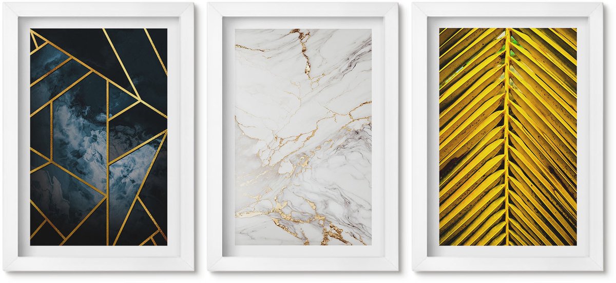 Wallfluent 3-Delige Schilderij Set - Moderne Geometrische Patronen En Natuurlijke Plantmotieven - 20 x 30 - Wanddecoratie - Woonkamer Decoratie - Moderne Wanddecoratie