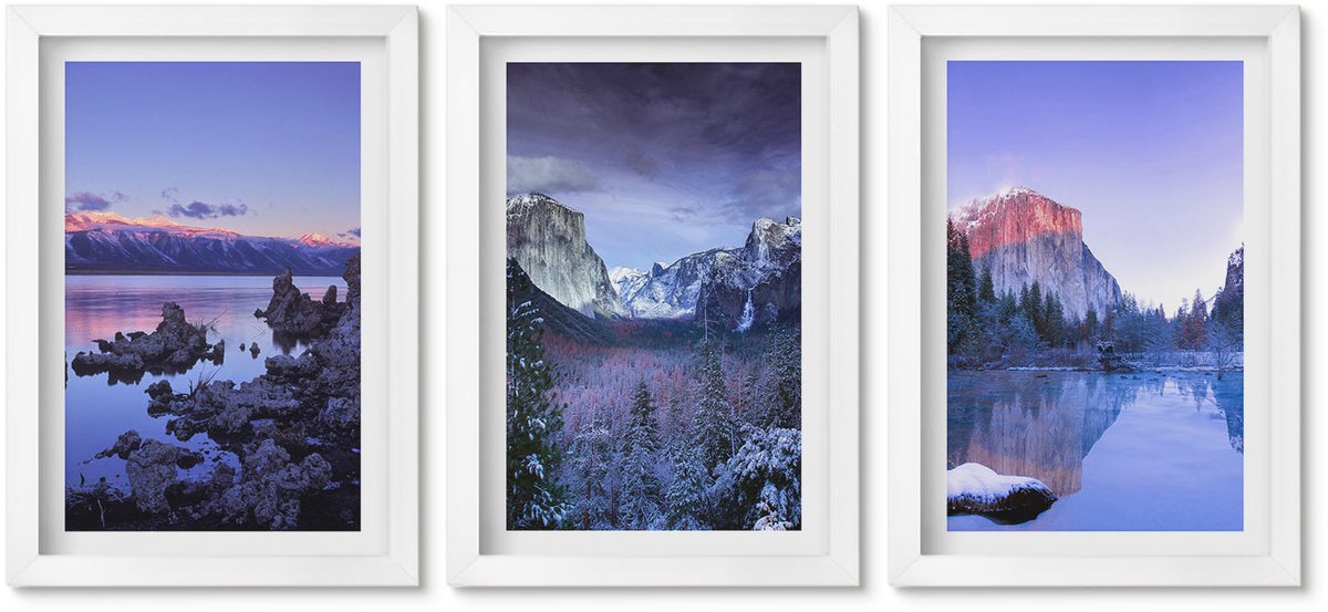 Wallfluent 3-Delige Schilderij Set - Berglandschappen Bij Schemering, Uitzicht Op Het Water - 20 x 30 - Wanddecoratie - Schilderijen Set - Kantoor - Moderne Wanddecoratie