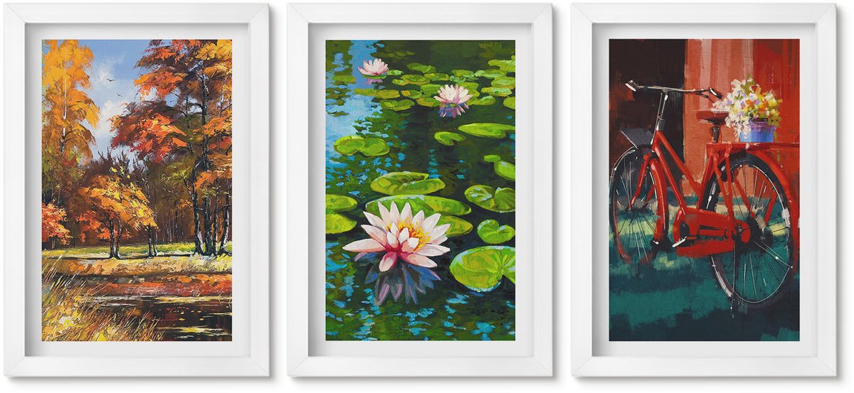 Wallfluent 3-Delige Schilderij Set - Herfstkleuren, Lelievijver, Fietsen Op Het Terras - 20 x 30 - Decoratieve Schilderijen - Wanddecoratie - Hal