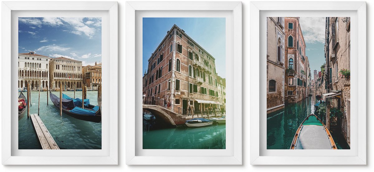 Wallfluent 3-Delige Schilderij Set - Uitzichten Op Venetië Met Kanalen En Stedelijke Architectuur. - 20 x 30 - Wanddecoratie - Moderne Interieurdecoratie - Stijlvolle Muurdecoratie