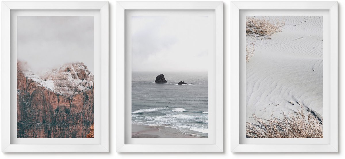 Wallfluent 3-Delige Schilderij Set - Bergen, Wolken, Zee En Zand In Natuurlijke Tinten. - 20 x 30 - Stijlvolle Muurdecoratie - Slaapkamer - Interieur Decoratie