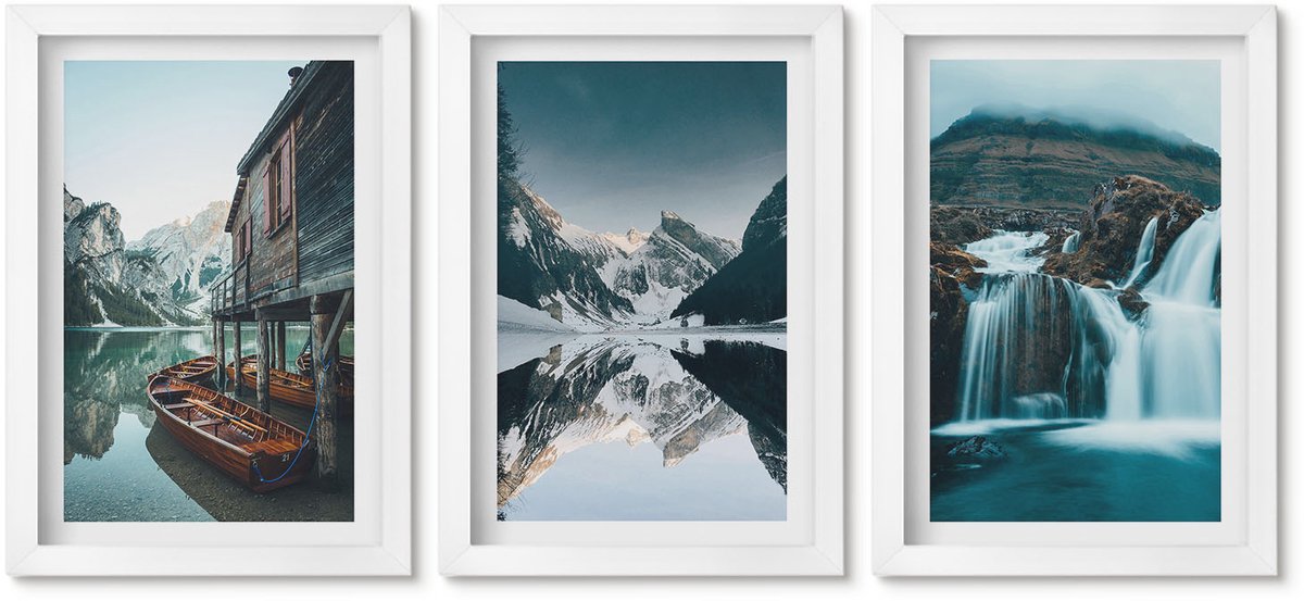 Wallfluent 3-Delige Schilderij Set - Berglandschap Met Een Waterval En Een Meer - 20 x 30 - Muurdecoratie - Interieur Decoratie - Woonkamer Decoratie