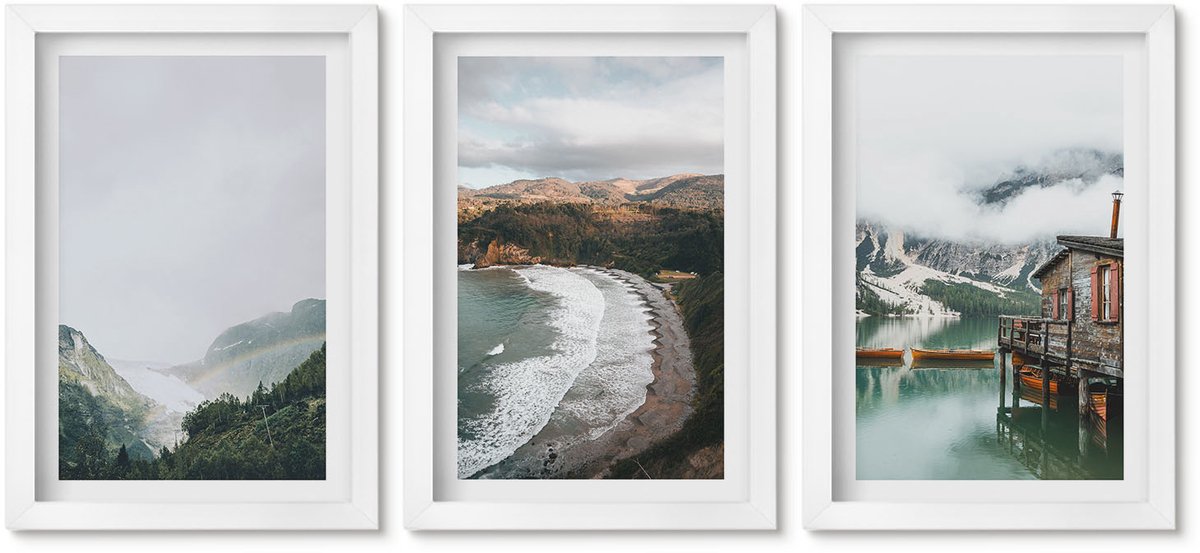 Wallfluent 3-Delige Schilderij Set - Uitzicht Op De Bergen En Het Strand Met Wolken En Water. - 20 x 30 - Wanddecoratie - Muurdecoratie - Moderne Interieurdecoratie - Woonkamer Decoratie