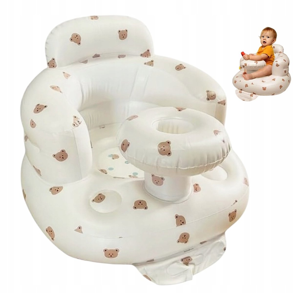 Opblaasbaar Babyzitje - Baby Stoeltje met Berenprint - Omringende Ondersteuning - Hoge Gebogen Rugleuning - Ingebouwde Luchtpomp - Opvouwbaar PVC Ontwerp - Voor Baby’s van 3-36 Maanden, Binnen en Buiten