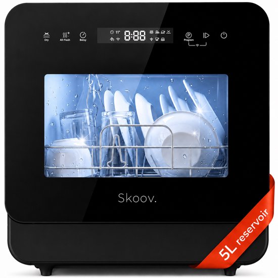 Skoov Vrijstaande mini vaatwasser met waterreservoir - Afwasmachine vrijstaand - Dishwasher - Vaatwas - Met bestekmand - Kleine vaatwasmachine - Smalle - Tafel - Camping - Zwart - Compact - 5 Couverts - 7 wasprogramma’s