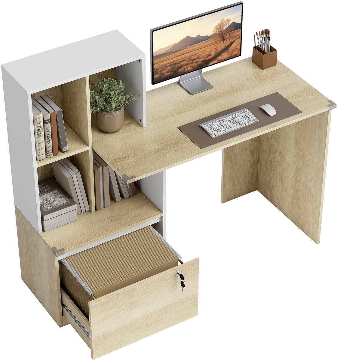 Bureau - Bureau met 1 Ladekast- Computerbureau - Computer Tafel - 126 x 50 x 109cm - Eiken en wit