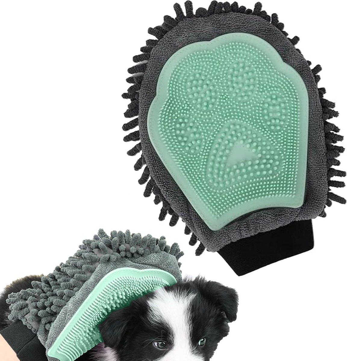 longziming -Hondenborstel - Hondenhandschoen - 2-in-1 Vachtborstel - Siliconen Massageborstel en Microvezelzijde - Haarverwijdering en Sneldrogende Reiniging - Voor Honden en Katten - Groen - 1 Stuk