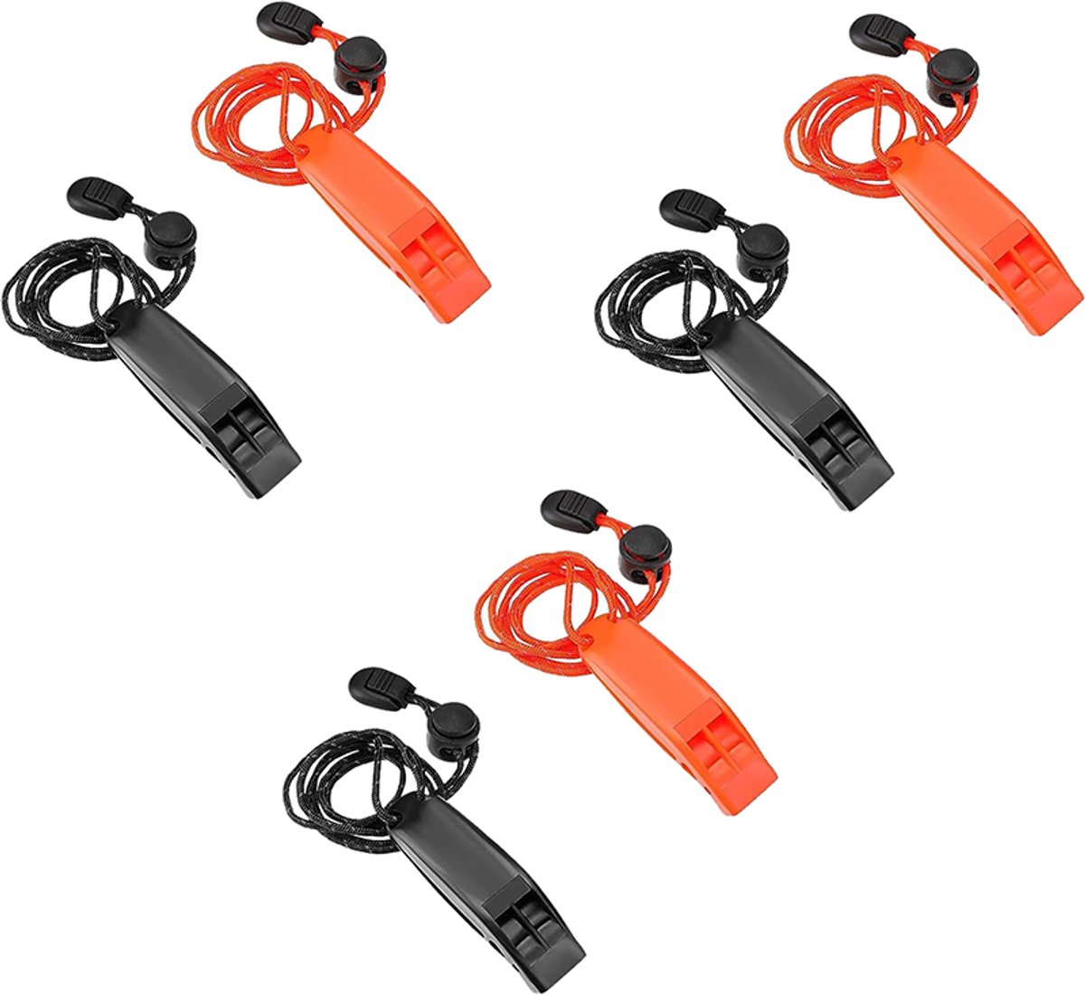 6 x Noodfluitje met koord, overlevingsfluitje, veiligheidsfluitje voor wandelen, veiligheidsfluitje, dolfijnfluitje, reddingswerkers, buitenactiviteiten, wandelen, trektochten, oranje en zwart