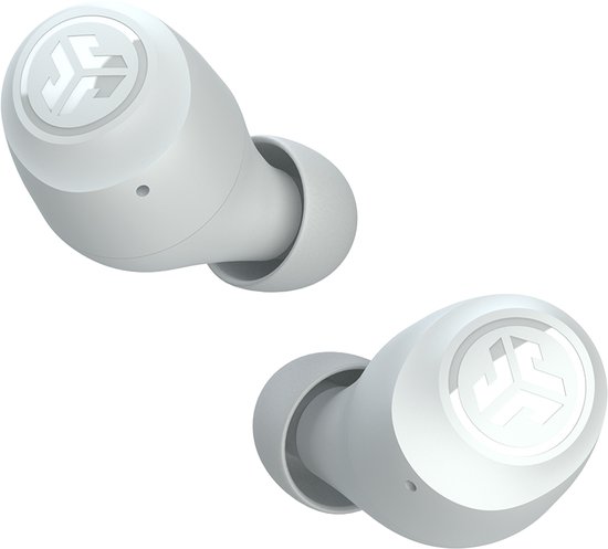 Twee witte JLab Go POP oordopjes met logo, op witte achtergrond.