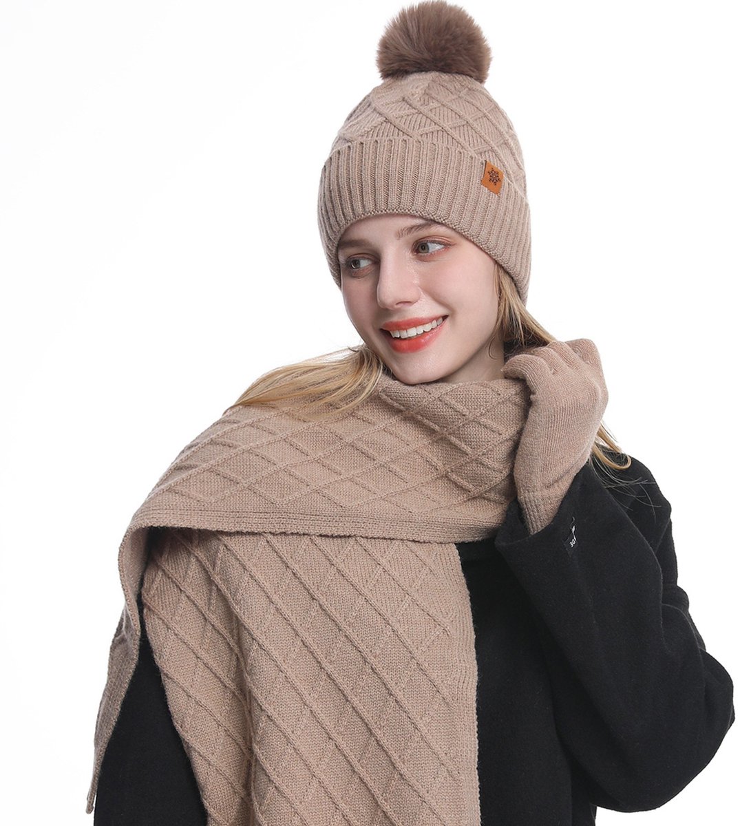 Dames winter gebreide muts, sjaal en handschoenen set – Zachte, warme, met fleece gevoerde gebreide muts met pompons