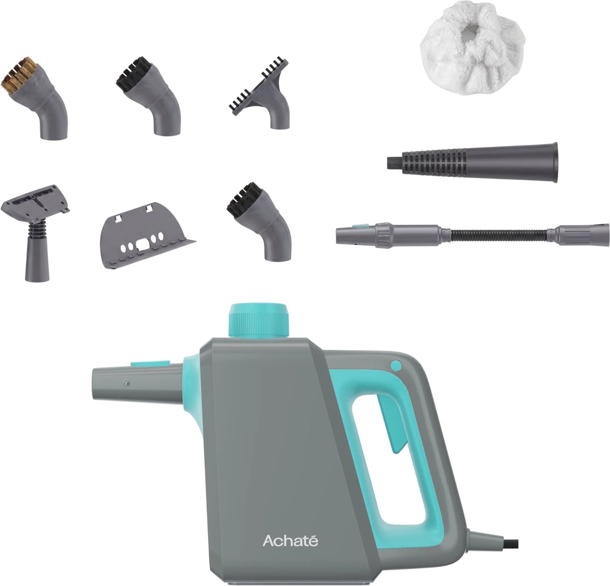 Achaté Handstoomreiniger PRO – 1000W Stoomreiniger & Handstomer – Kledingstomer – Voegenreiniger voor Badkamer, Keuken, Tegels & Ramen – Vlekkenreiniger – Stoomborstel – 3.5 Bar – 200ml – 9 Opzetstukken
